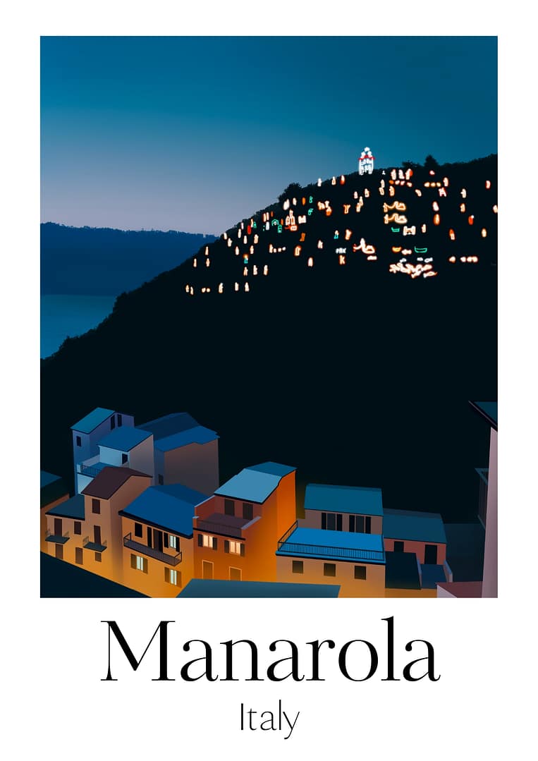 Manarola Italy Evening view of colourful buildings in Manarola, Italy, with illuminated houses dotting the hillside against a twilight sky.
