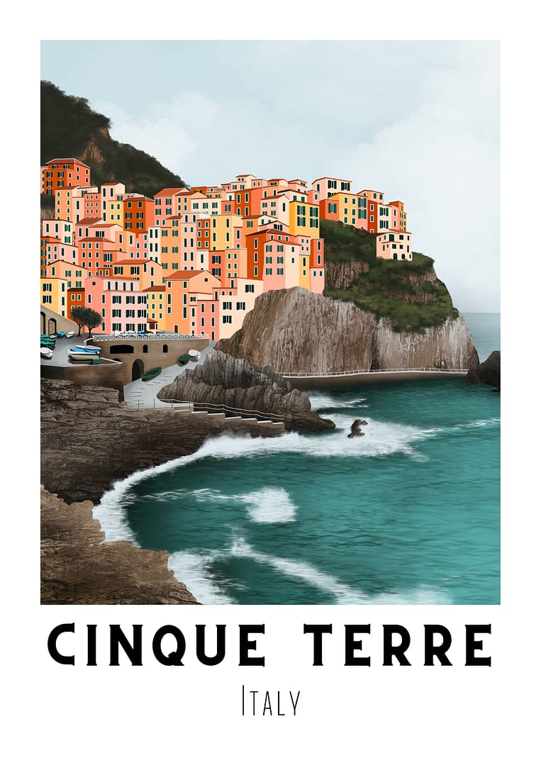 Cinque Terre, Italy Illustration of colourful cliffside buildings overlooking the sea in Cinque Terre, Italy, with waves crashing against rocks and parked cars near the water.