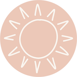 Summer Icon A simple, light pink circle with a hand-drawn white sun design in the centre, featuring a round middle and radiating triangular rays.