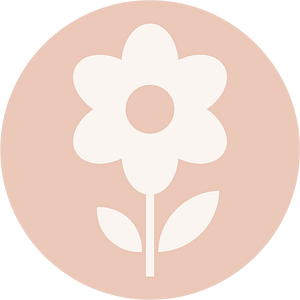 Spring Icon Simple icon of a flower with six petals and two leaves, shown in white on a light peach circular background.
