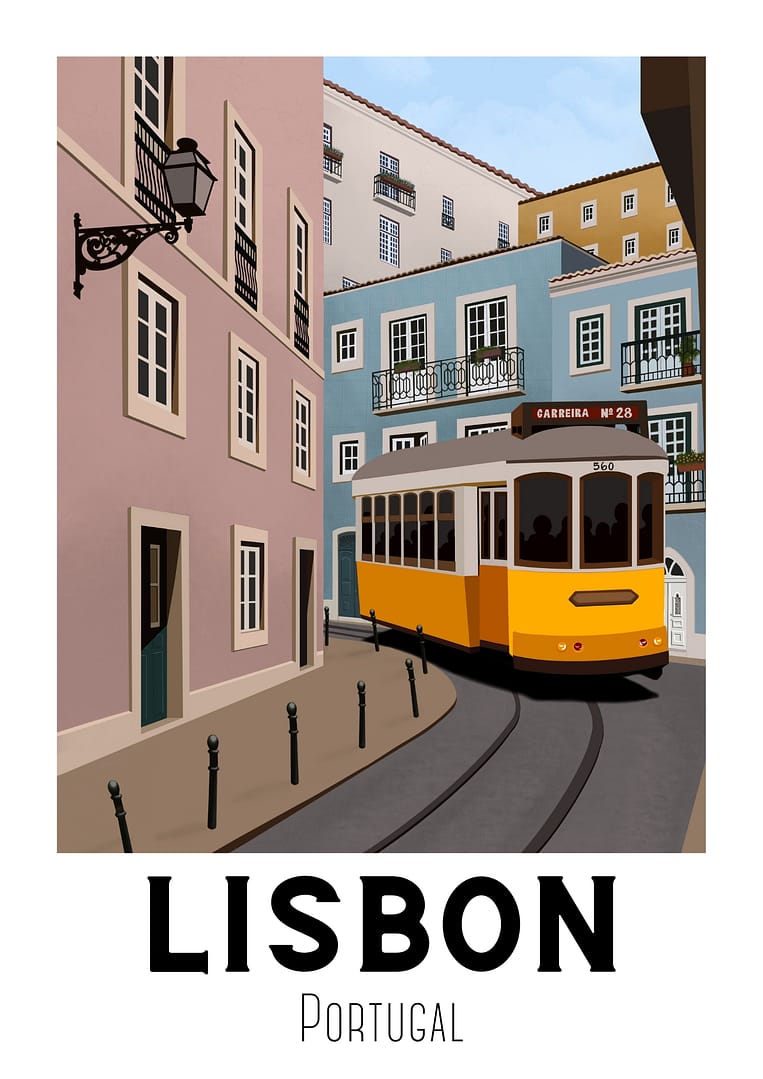 Lisbon Portugal A yellow tram travels along a curved street lined with colourful buildings in Lisbon, Portugal, under a clear blue sky.