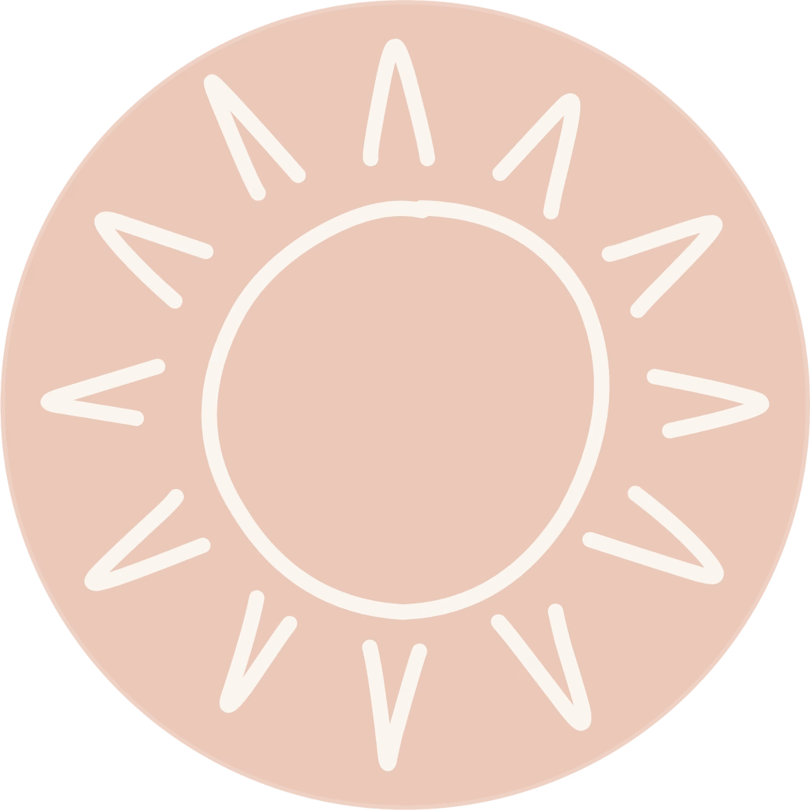 Summer Icon A simple, light pink circle with a hand-drawn white sun design in the centre, featuring a round middle and radiating triangular rays.