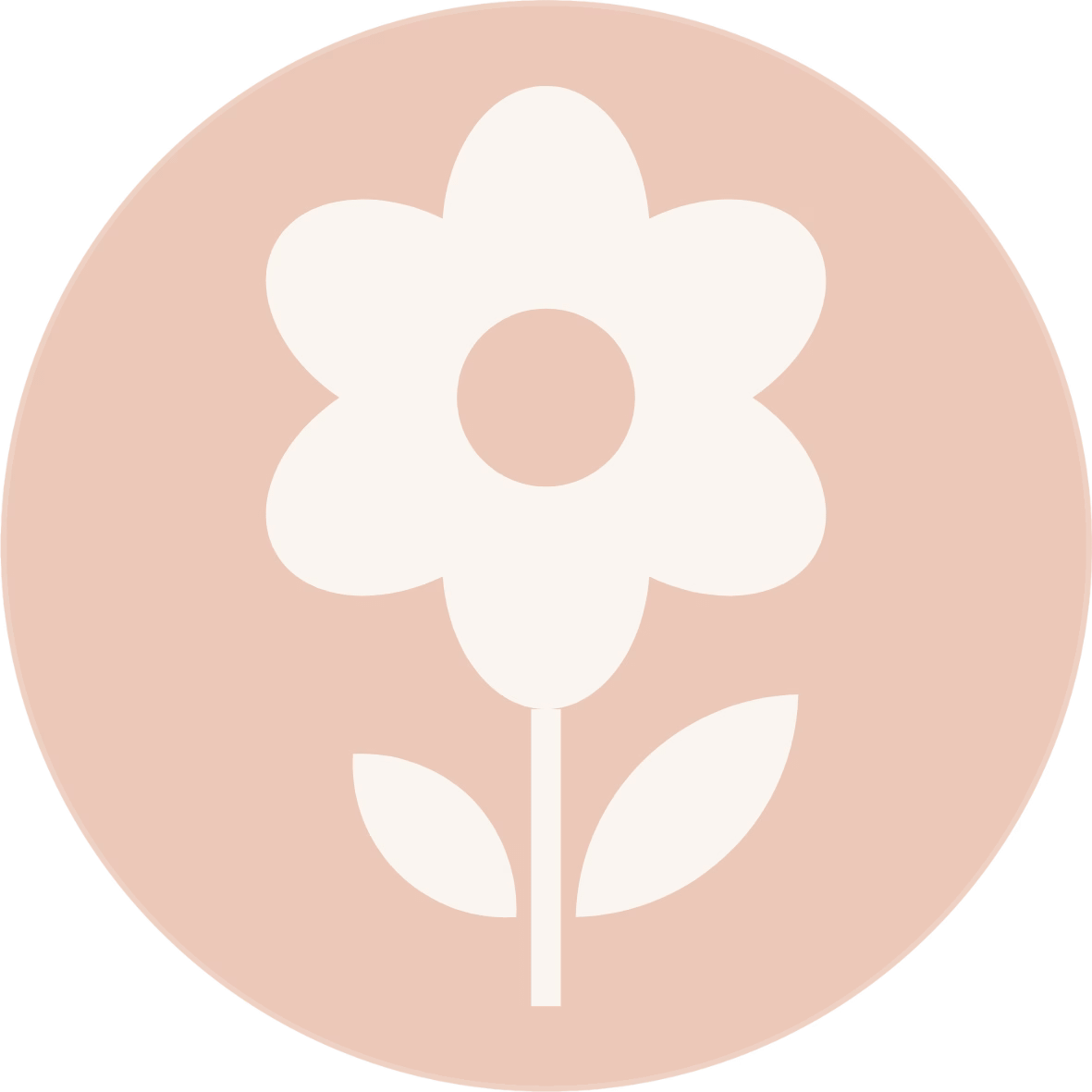 Spring Icon Simple icon of a flower with six petals and two leaves, shown in white on a light peach circular background.